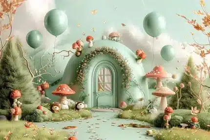 خلفية تصوير بيت الفطر – Mushroom House Photography Backdrop