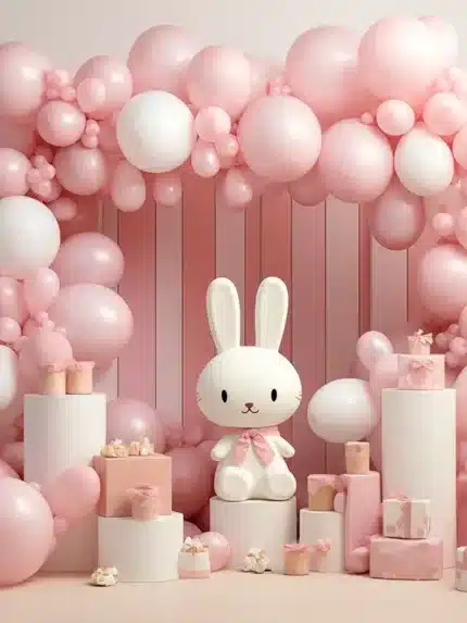 خلفية تصوير أرنب بالونات وردية – Pink Bunny Balloons Backdrop