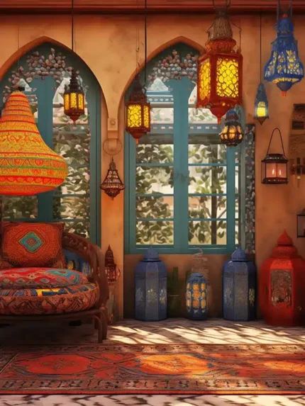 خلفية تصوير شرقية بزخارف وفوانيس مضيئة