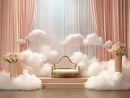 خلفية كلاسيكية A-131 - ستائر وردية مع غيوم بيضاء وكرسي ذهبي