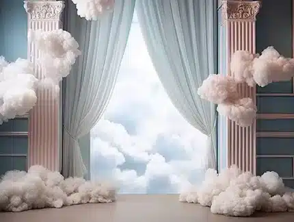 خلفية كلاسيكية A-137 - أعمدة كلاسيكية مع ستائر بيضاء وغيوم وردية