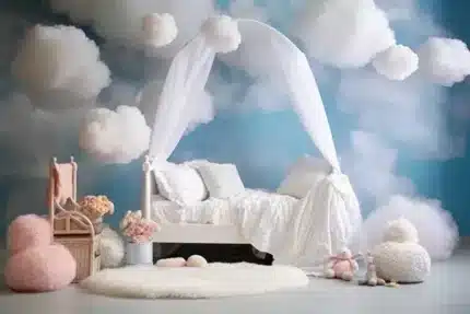 خلفية أطفال A-170 - سرير أطفال أبيض مع غيوم وسماء زرقاء