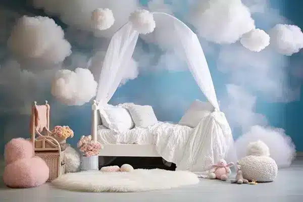 A-170.webp خلفية أطفال A-170 - سرير أطفال أبيض مع غيوم وسماء زرقاء