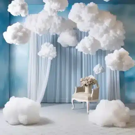 خلفية كلاسيكية A-177 - ستائر زرقاء مع غيوم بيضاء وكرسي