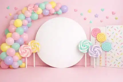 خلفية أطفال A-21 - بالونات باستيل ومصاصات ملونة