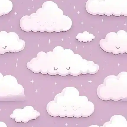 غيوم كاواي نائمة بوجوه على خلفية وردية فاتحة مع نجوم