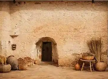 جدار طيني قديم مع باب مقوس وأواني فخارية وسلال قش