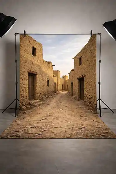 زقاق قرية طينية تراثية مع بيوت طينية وأبواب خشبية وممر ترابي