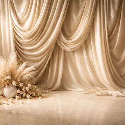 خلفية كلاسيكية A-2486 - ستائر ساتان ذهبية مع أزهار بامباس