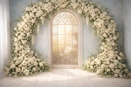 قوس ورود بيضاء كثيفة مع نافذة مقوسة مزخرفة وأرضية خشبية بيضاء