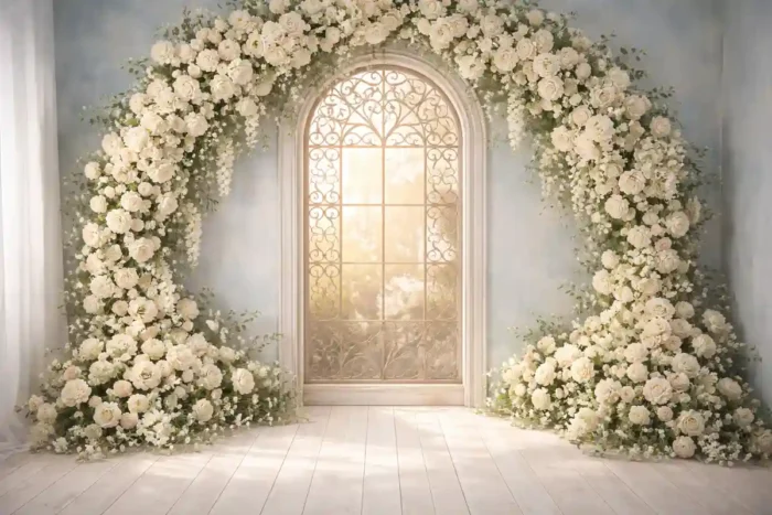 قوس ورود بيضاء كثيفة مع نافذة مقوسة مزخرفة وأرضية خشبية بيضاء