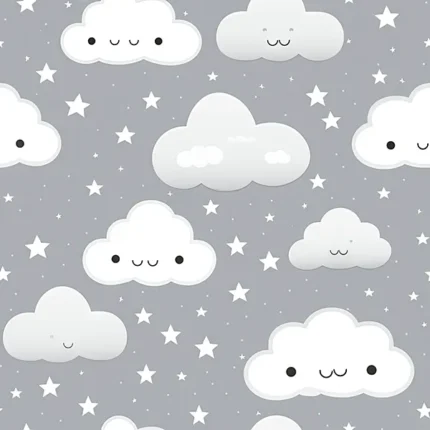 غيوم كاواي بوجوه مبتسمة ونجوم على خلفية رمادية