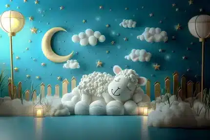 خروف أبيض مبتسم مع قمر ونجوم وسياج خشبي وفوانيس على خلفية زرقاء