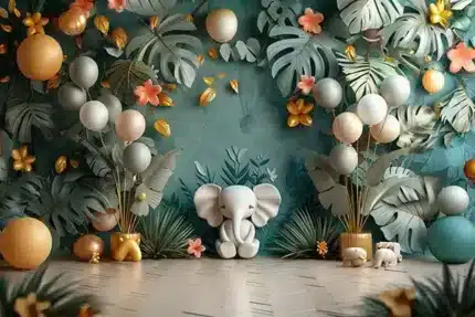 فيل أبيض صغير مع أوراق استوائية وبالونات ذهبية وزهور على خلفية خضراء داكنة
