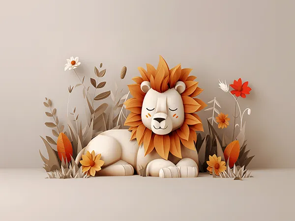 A-63.webp خلفية أطفال A-63 - أسد كرتوني نعسان مع زهور الخريف