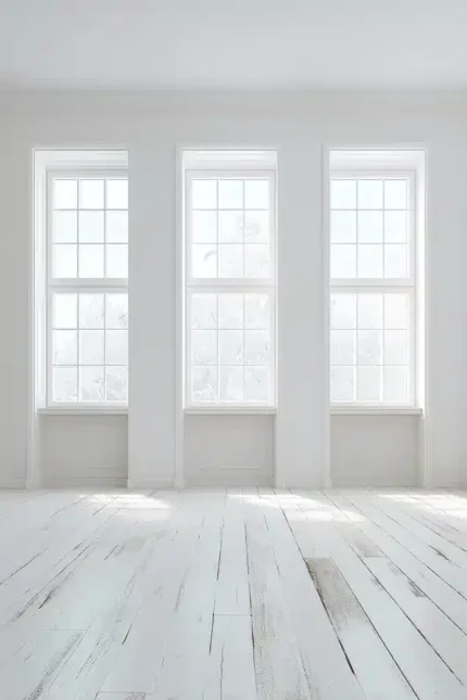 خلفية كلاسيكية A-76 - غرفة بيضاء مع نوافذ وأرضية خشبية