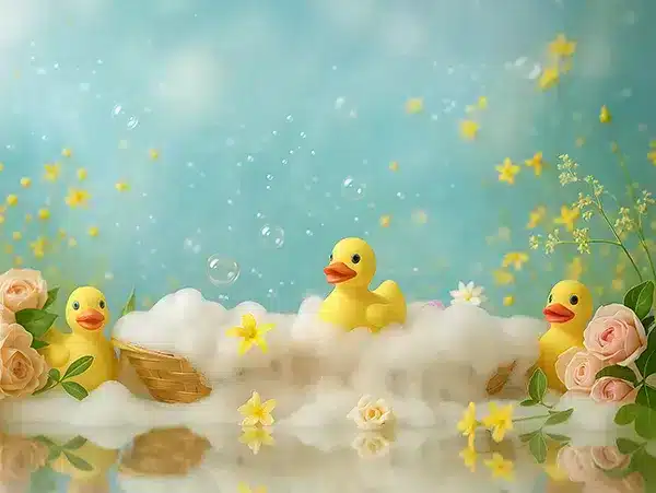 A-90.webp خلفية أطفال A-90 - بط مطاطية صفراء مع فقاعات وزهور