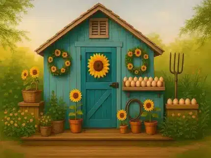 خلفية كلاسيكية A-92 - حظيرة زرقاء مع عباد الشمس وأدوات حديقة