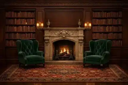 خلفية أطفال A-3087 - مكتبة بمدفأة وكراسي خضراء