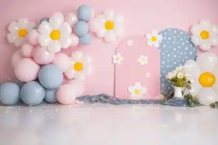 خلفية بالونات وردية وزرقاء فاتحة وزهور – Pink Light Blue Floral Balloon Backdrop