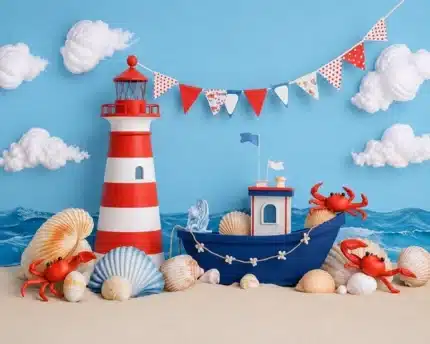 خلفية منارة وقارب ورمل وبحر – Lighthouse Beach Sand Backdrop