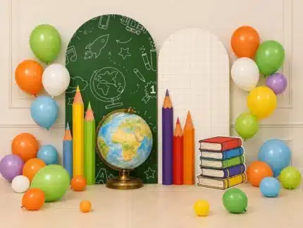 خلفية العودة للمدارس مع كرة أرضية وأقلام وبالونات – Globe Pencils Balloons School Backdrop