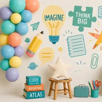 خلفية العودة للمدارس مع لمبة وعبارات تحفيزية – Imagine Think Big School Backdrop