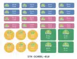 نموذج ستيكرات اسم الطالب بتصميم الروضة – أشكال وألوان متنوعة، ويظهر الكود STK-SCHOOL-010 أسفل الصورة