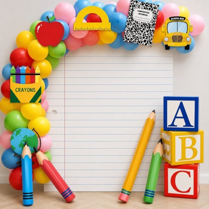⁦خلفية العودة للمدارس مع بالونات وأقلام – School-Balloons-Pencils⁩ - الصورة ⁦1⁩