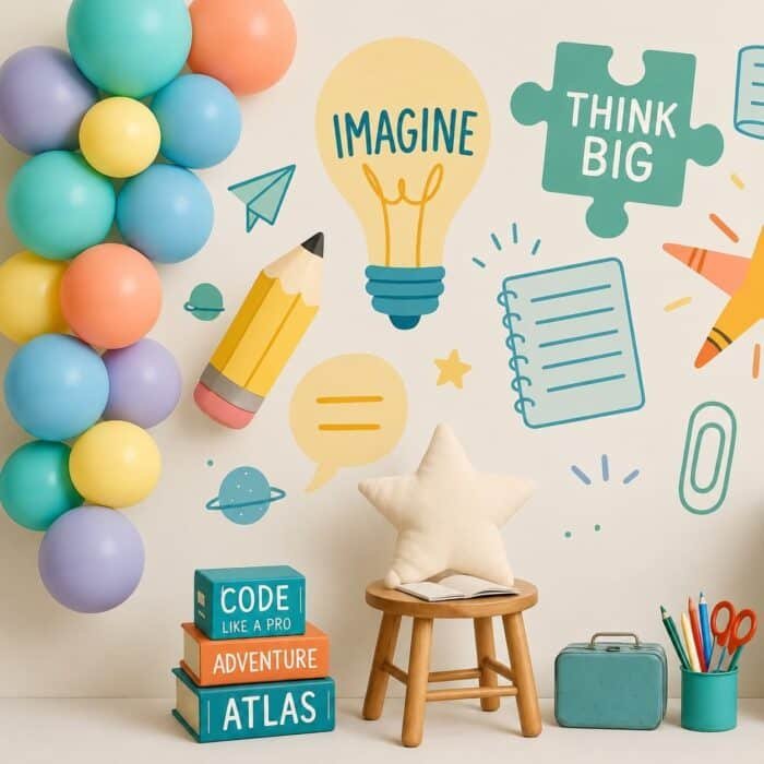 ⁦خلفية العودة للمدارس مع لمبة وشخصيات – School-Imagine-Think⁩ - الصورة ⁦1⁩