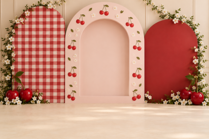 خلفية أقواس الكرز بالطبقات#4890 – Layered Cherry Arches خلفية أقواس الكرز بالطبقات: قوس وردي بتجويف ونقوش كرز بين قوس مربعات وقوس أحمر، تحيط به أغصان وزهور بيضاء