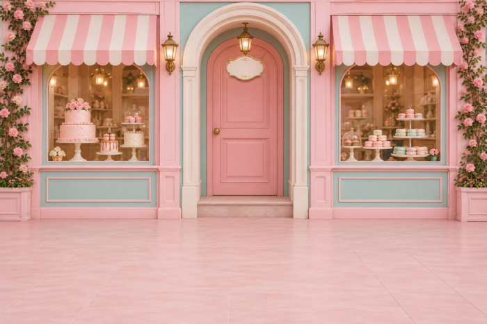 خلفية المخبز والمدخل المقوس#4899 – Bakery with Layered Arched Entrance خلفية المخبز والمدخل المقوس: باب مخبز وردي داخل إطار مقوس مزدوج بين نافذتي حلويات ومظلتين مخططتين وزهور جانبية