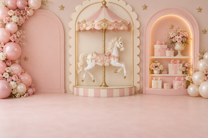 خلفية الكاروسيل بالإطار المتموج#4903 – Carousel with Scalloped Frame خلفية الكاروسيل بالإطار المتموج: حصان كاروسيل أبيض داخل قوس متموج فوق قاعدة مخططة بين قوس وردي وأرفف هدايا مضاءة