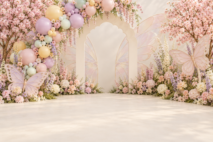خلفية حديقة الفراشات والقوس الزهري#4904 – Butterfly Garden Floral Arch خلفية حديقة الفراشات والقوس الزهري: قوس كريمي متموج في حديقة زهور وردية مع فراشات كبيرة وبالونات باستيل عند أعلى اليسار