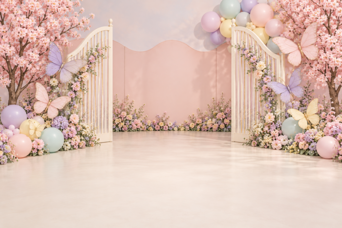 خلفية حديقة الفراشات والبوابة المزدوجة#4905 – Butterfly Garden Double Gate خلفية حديقة الفراشات والبوابة المزدوجة: بوابتان كريميتان مفتوحتان بين أشجار وردية وفراشات كبيرة وبالونات وزهور جانبية
