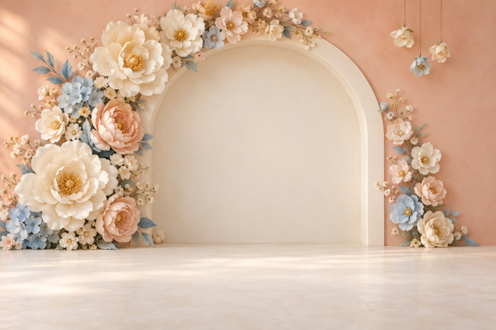 خلفية قوس الزهور الخوخي#4922 – Peach Floral Arch خلفية قوس الزهور الخوخي: قوس كريمي بجدار خوخي وزهور كبيرة كريمية وخوخية وسماوية وثلاث زهور معلقة أعلى اليمين