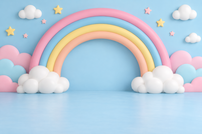 خلفية قوس قزح السماوي#4929 – Sky Blue Rainbow Backdrop خلفية قوس قزح السماوي: قوس قزح رباعي وردي وسماوي وأصفر وخوخي على جدار سماوي بين سحب بيضاء ونجوم