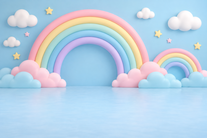 خلفية قوس قزح المزدوج#4932 – Double Pastel Rainbow خلفية قوس قزح المزدوج: قوس قزح كبير بخمس طبقات وقوس أصغر يمينًا بين سحب وردية وسماوية ونجوم على خلفية زرقاء