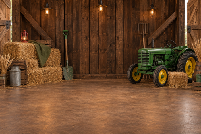 خلفية حظيرة المزرعة والجرار الأخضر#4940 – Farm Barn and Green Tractor خلفية حظيرة المزرعة والجرار الأخضر: جرار أخضر بعجلات صفراء يمينًا وقش وفانوس يسارًا داخل حظيرة بنية بأدوات ومصابيح دافئة